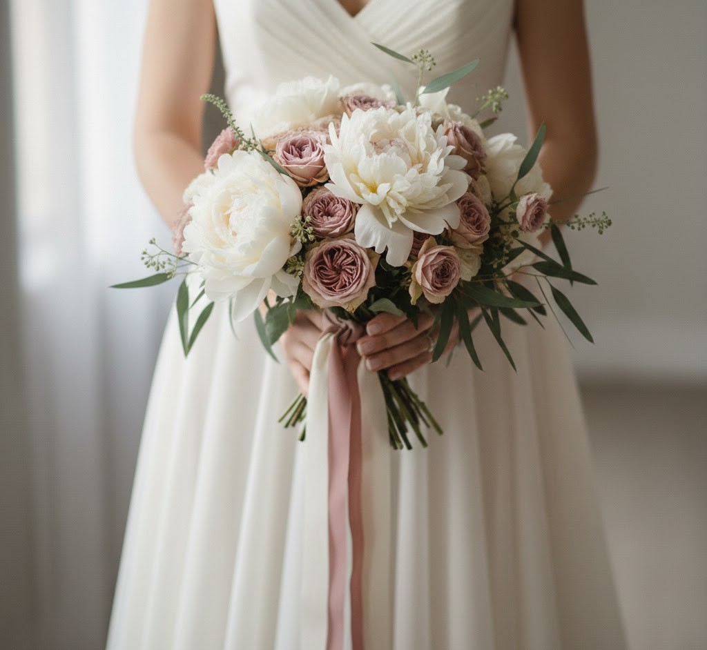 Brudebuket i støvede farver