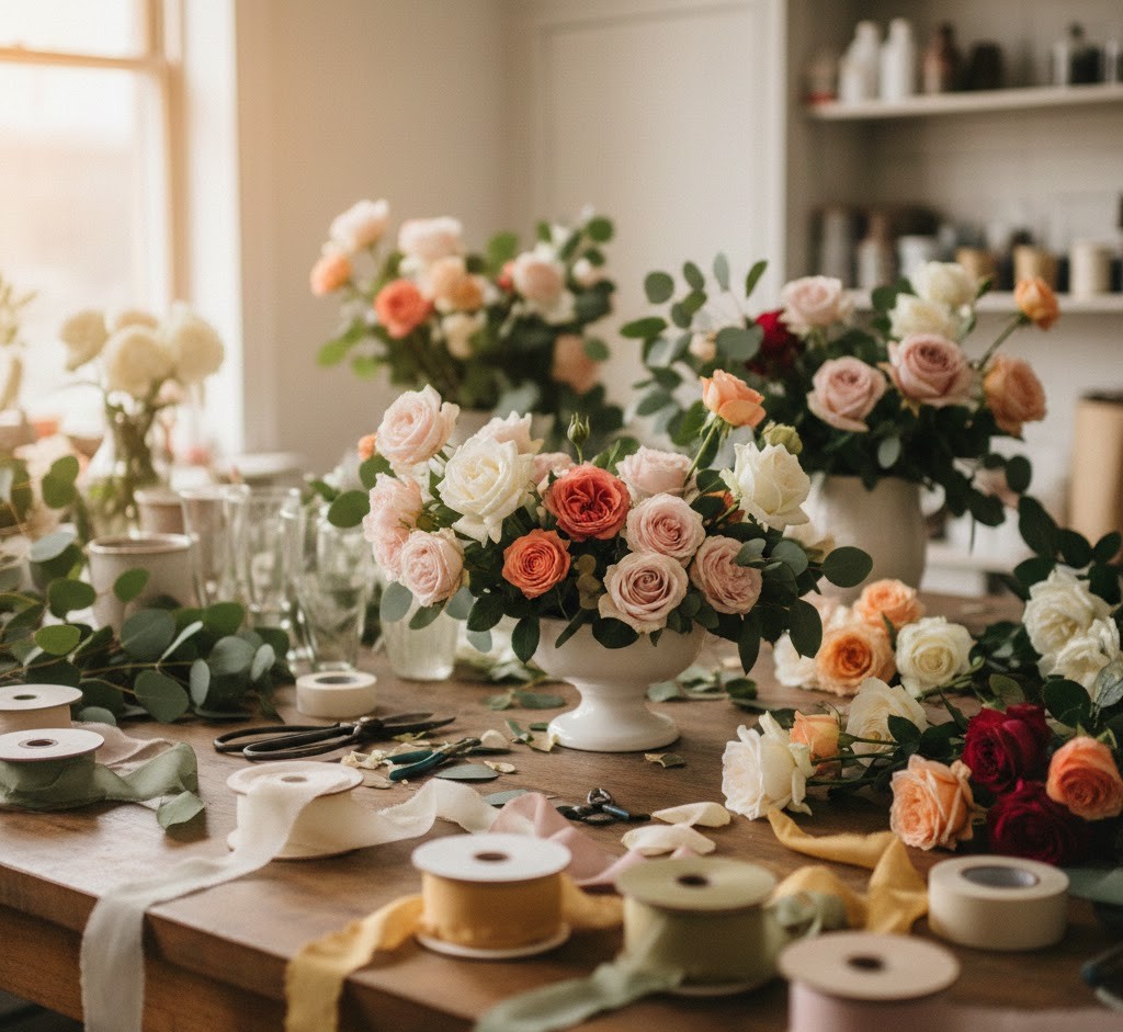Workshopbord med blomster
